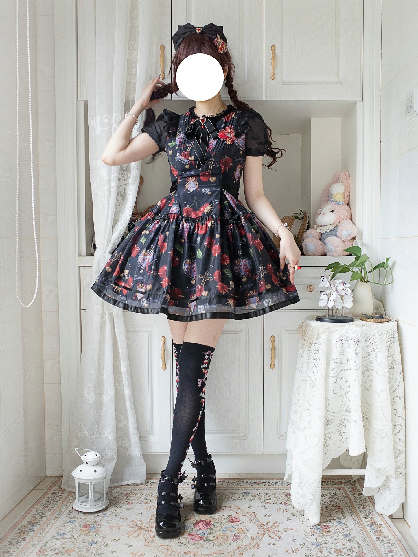 (Buy for me)Gloaming~Sweet Lolita Cherry print Short Sleeve OP and SK Set