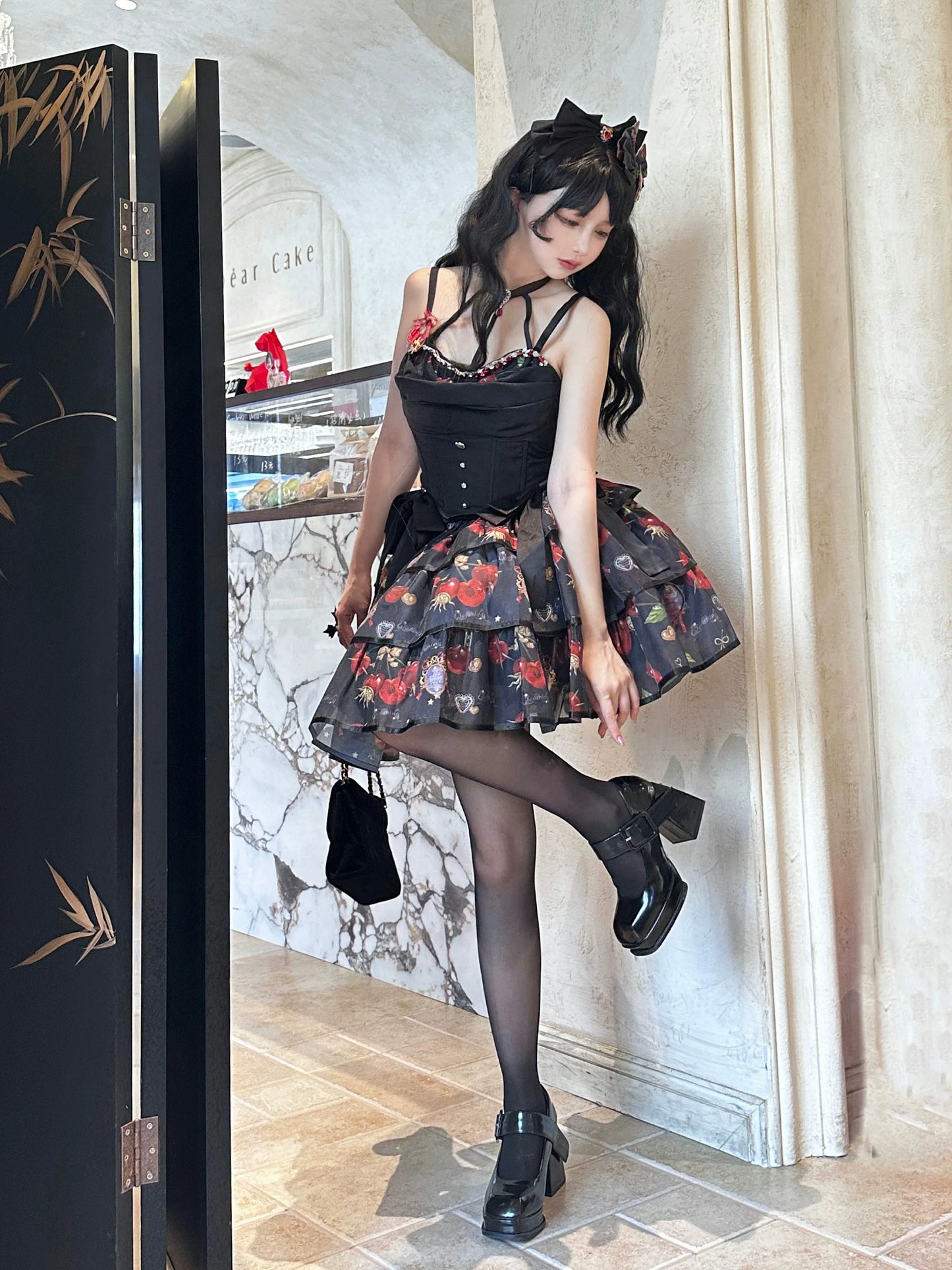 (Buy for me)Gloaming~Sweet Lolita Cherry print Short Sleeve OP and SK Set