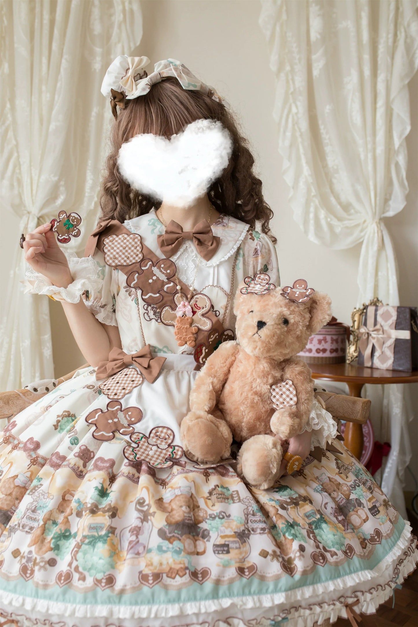 Babyblue~Little Bear Honey Jar~Kawaii Lolita Short Sleeve OP Gingerbread Man Embroidered Dress