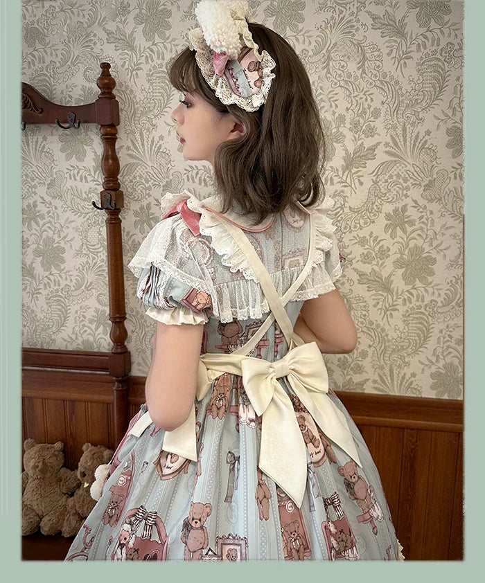Alice Girl~Bear Doll Wall~Sweet Lolita OP Lovely Bear Print Dress