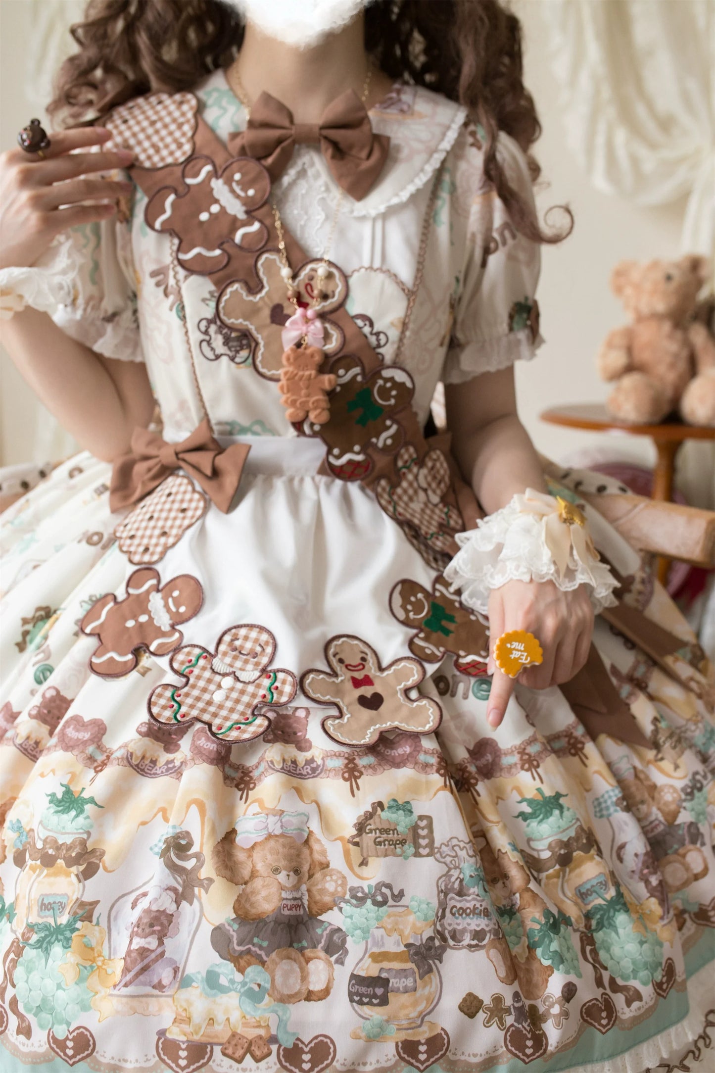 Babyblue~Little Bear Honey Jar~Kawaii Lolita Short Sleeve OP Gingerbread Man Embroidered Dress