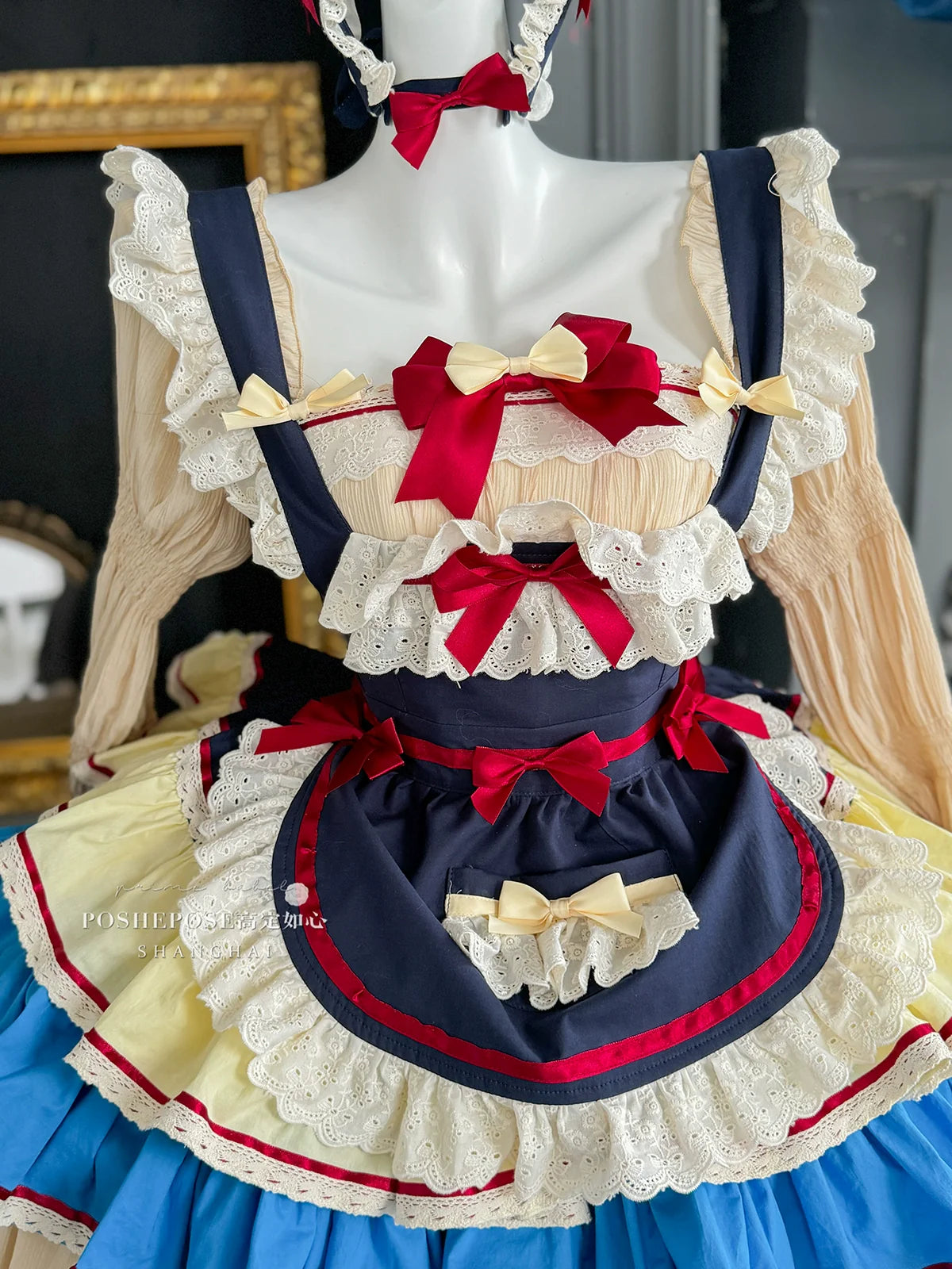 POSHEPOSE~Maid Bunny~Gorgeous Sweet Lolita OP Dress with Detachable Sleeves and Apron