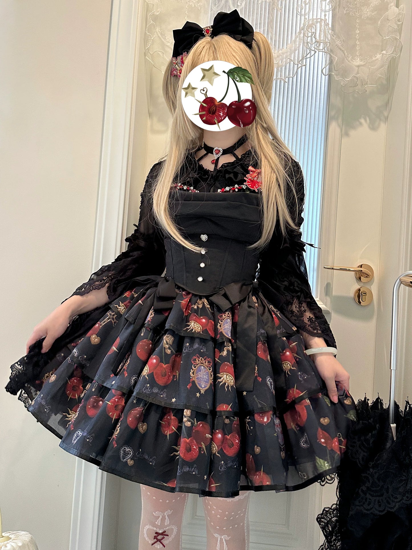 (Buy for me)Gloaming~Sweet Lolita Cherry print Short Sleeve OP and SK Set