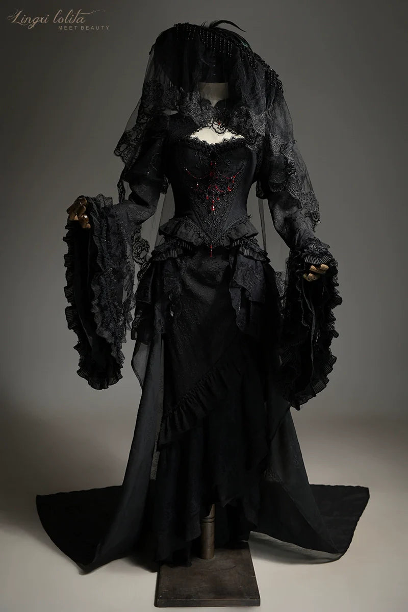 Lingxi Lolita~Lord of the Night~Gothic Lolita Skirt Suit Mermaid Skirt and Fishbone Bodice