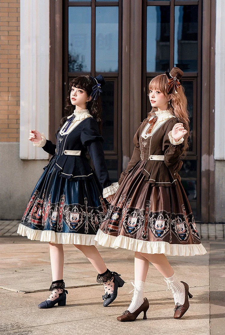 Jinmu~Chocolate Academy~Vintage Lolita OP Long Puff Sleeve Schoolgirl Lolita Dress