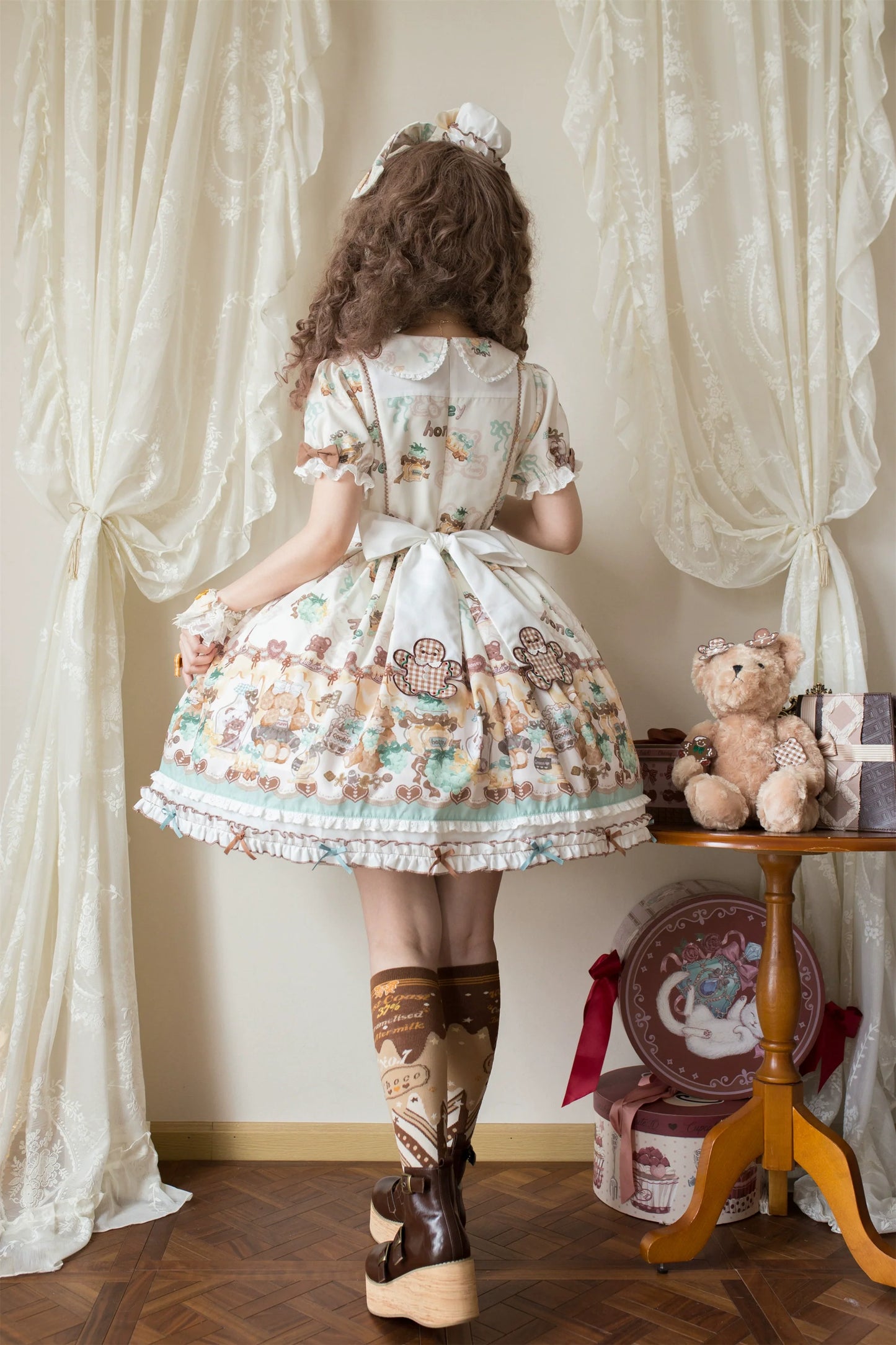 Babyblue~Little Bear Honey Jar~Kawaii Lolita Short Sleeve OP Gingerbread Man Embroidered Dress