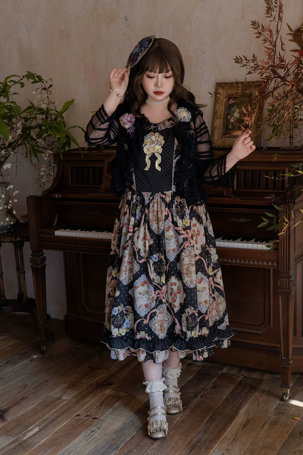 Miss Point~Cat Rose Tea~Sweet Lolita Tulle Cardigan and Long Skirt Overlay