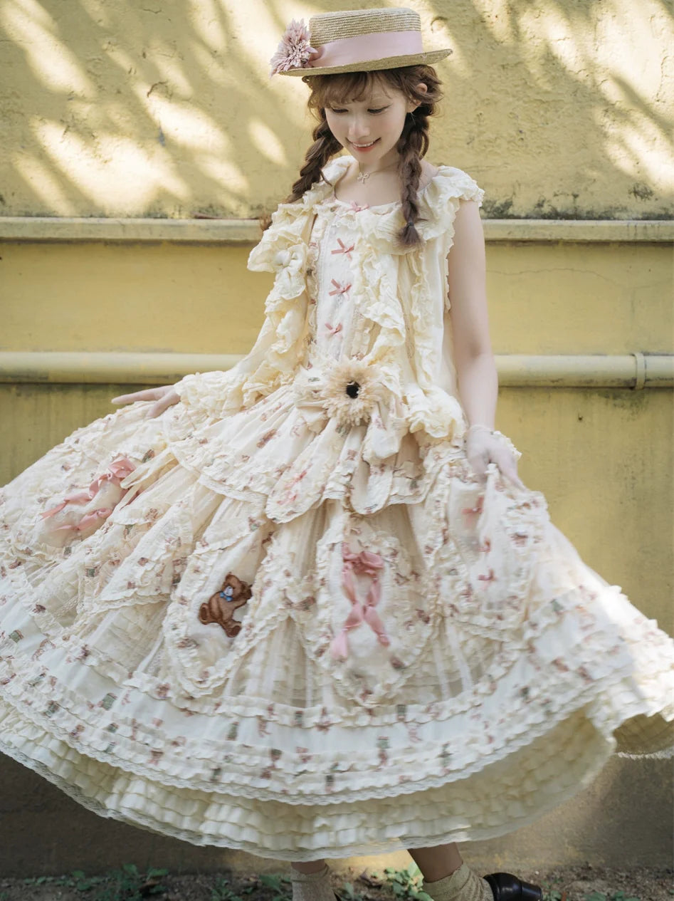 MONO GIRL~Rottengburg Bear~Sweet Lolita JSK Print Hollow-out Ruffles Dress