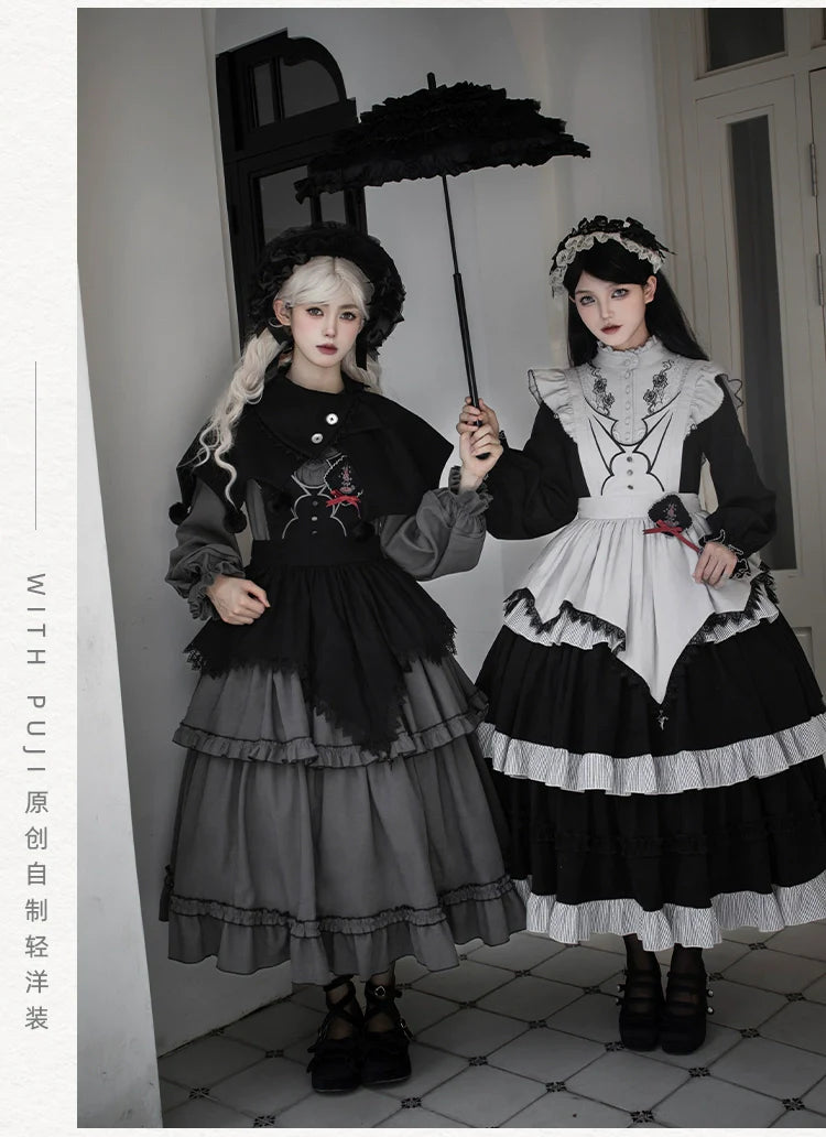 With PUJI~Castle Night~Gothic Twins Lolita OP Three-tiered Embroidery Dress