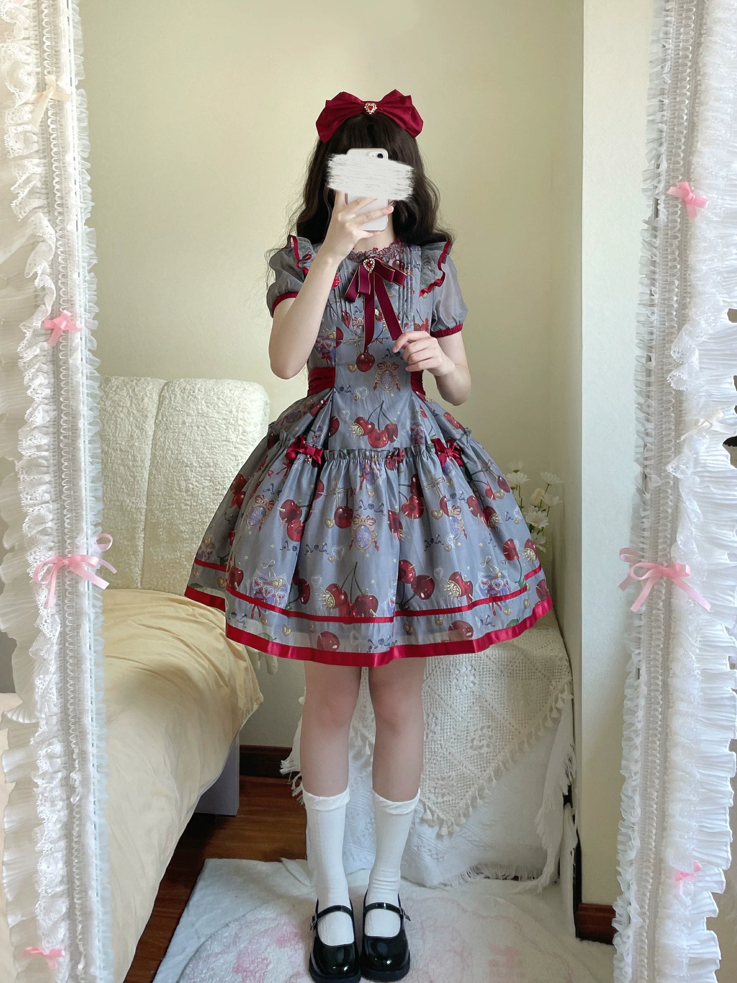 (Buy for me)Gloaming~Sweet Lolita Cherry print Short Sleeve OP and SK Set