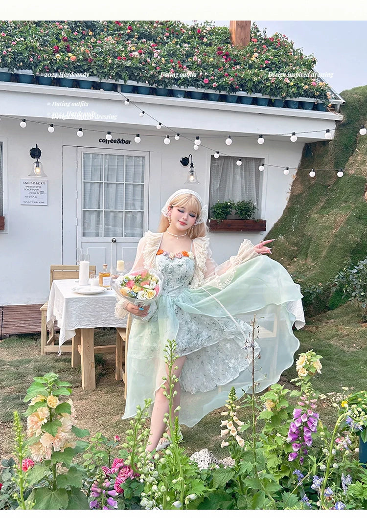 Yingtang~Plus Size Lolita JSK Dress Green Floral Lolita Dress Caidigan Set