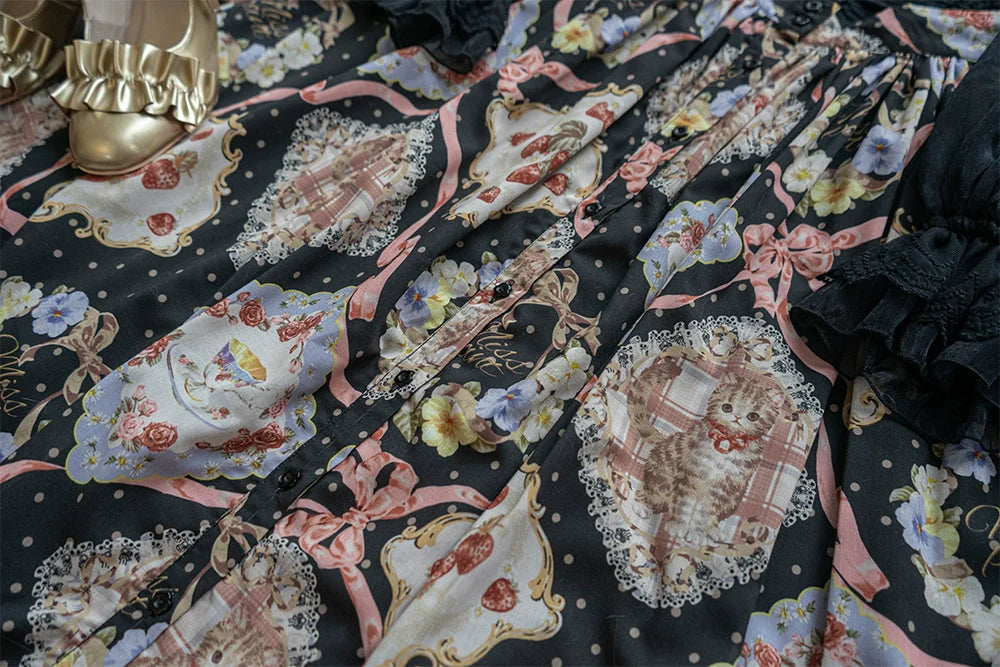 Miss Point~Cat Rose Tea~Sweet Lolita Skirt with Cute Prints Customized Size