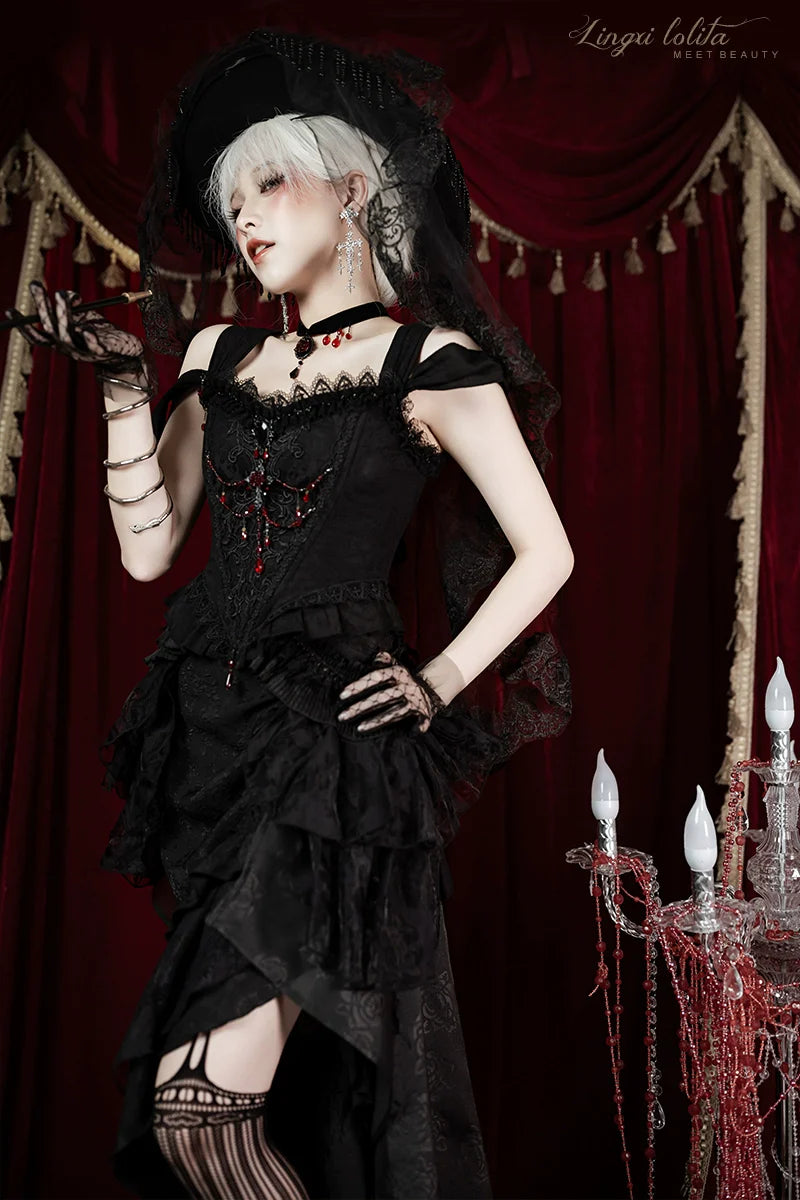Lingxi Lolita~Lord of the Night~Gothic Lolita Skirt Suit Mermaid Skirt and Fishbone Bodice