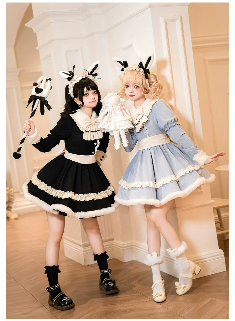 With PUJI~Rabbit&Alice~Sweet Twin Lolita OP Dress Doll Apron Dress Set