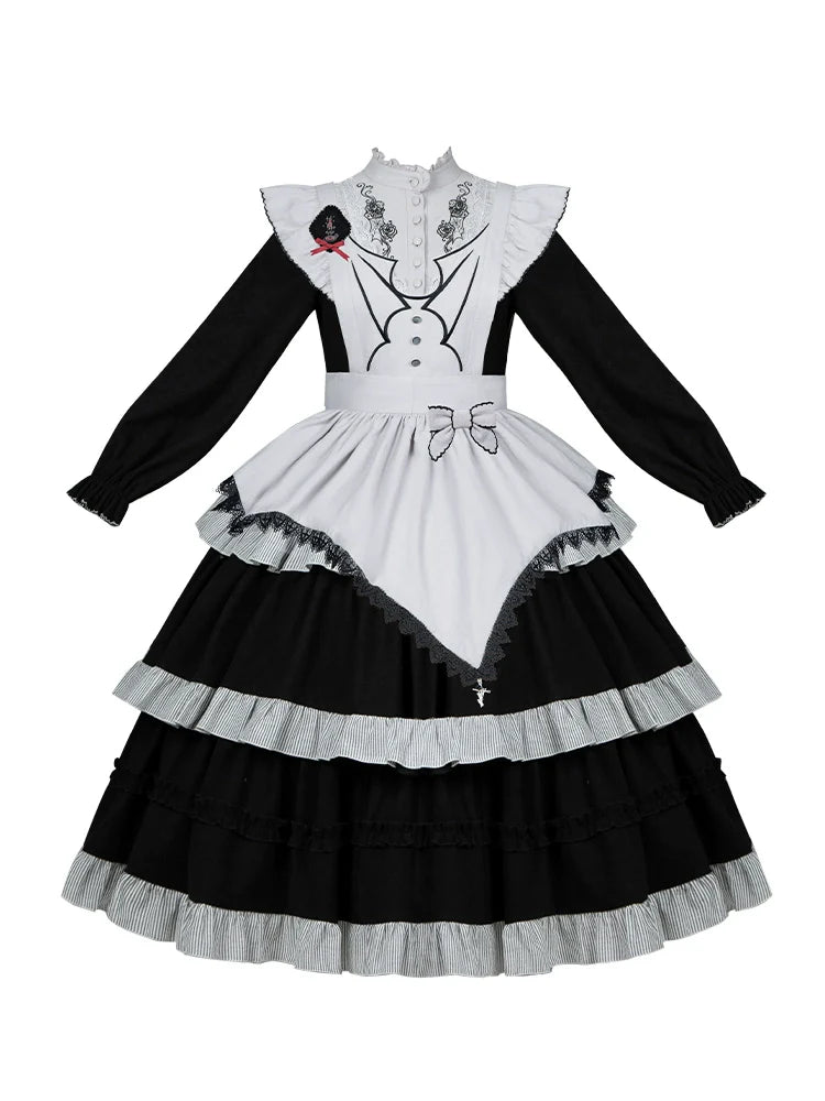 With PUJI~Castle Night~Gothic Twins Lolita OP Three-tiered Embroidery Dress