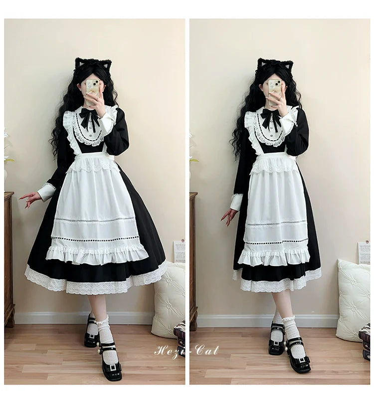 Hezi's Cat Haven~Black Cat Butler~Maid Lolita OP Dress Elegant Black and White Dress