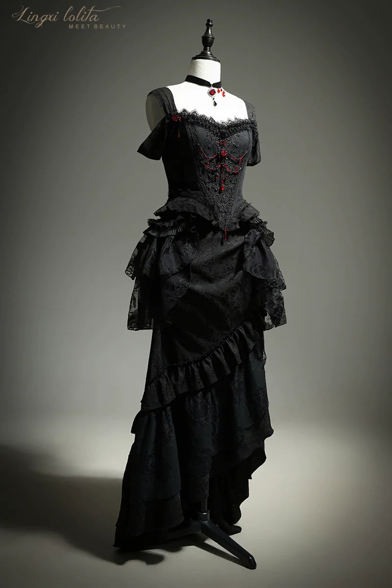 Lingxi Lolita~Lord of the Night~Gothic Lolita Skirt Suit Mermaid Skirt and Fishbone Bodice