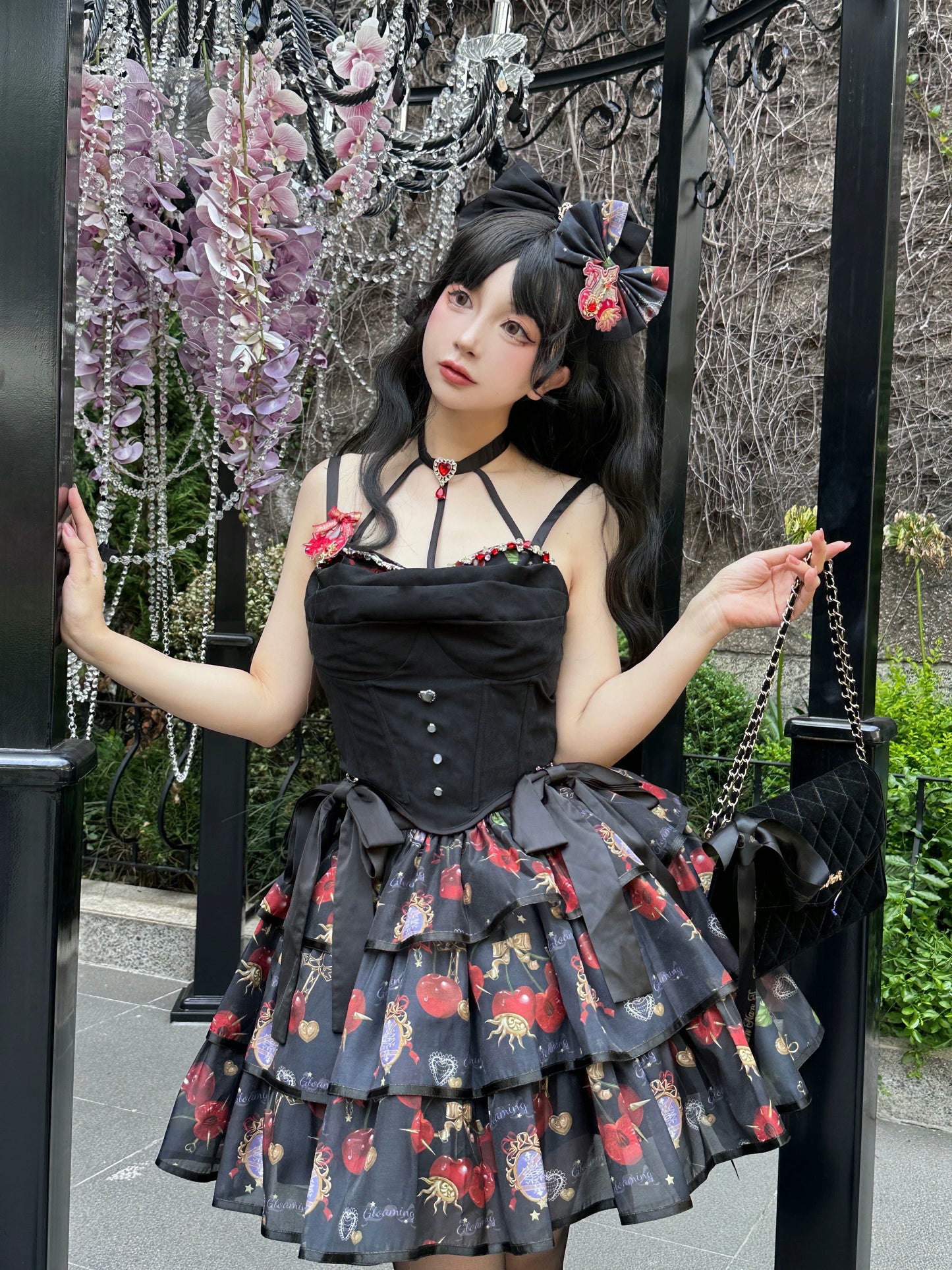 (Buy for me)Gloaming~Sweet Lolita Cherry print Short Sleeve OP and SK Set