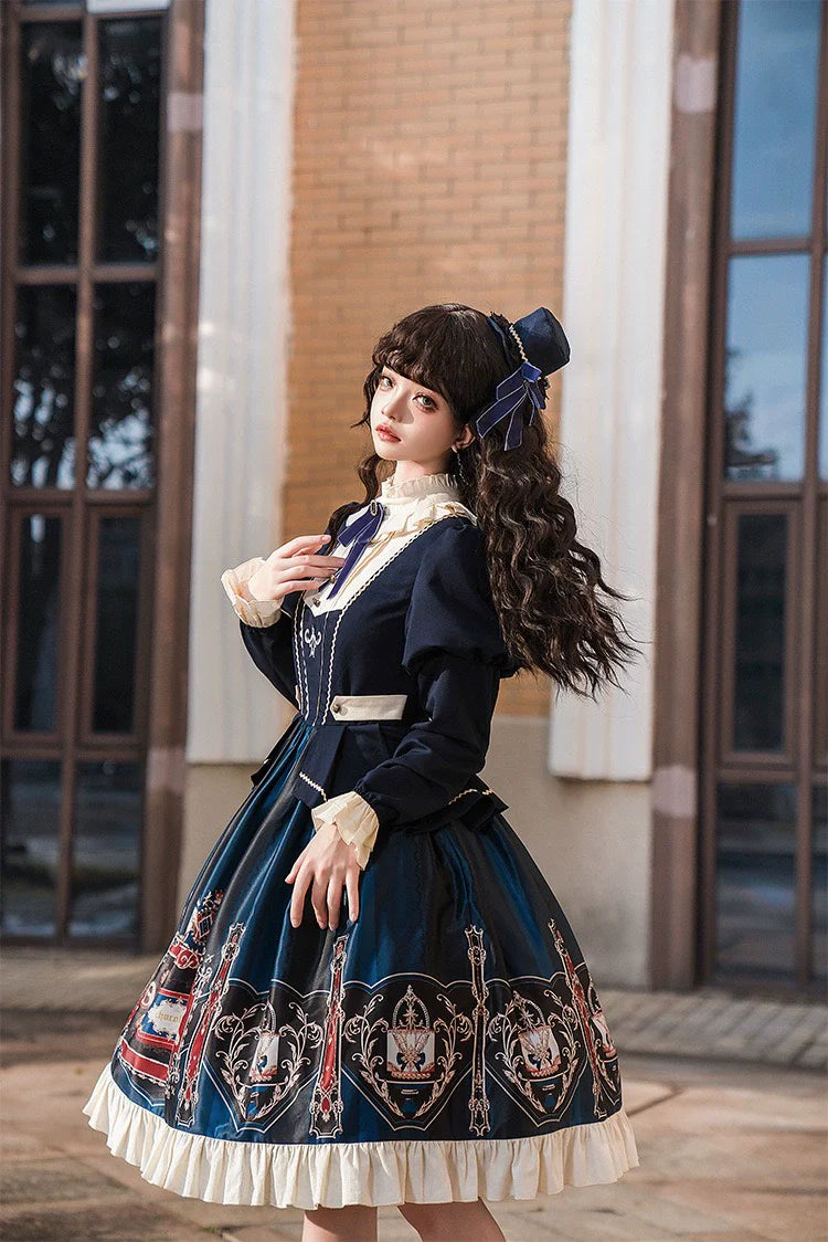 Jinmu~Chocolate Academy~Vintage Lolita OP Long Puff Sleeve Schoolgirl Lolita Dress