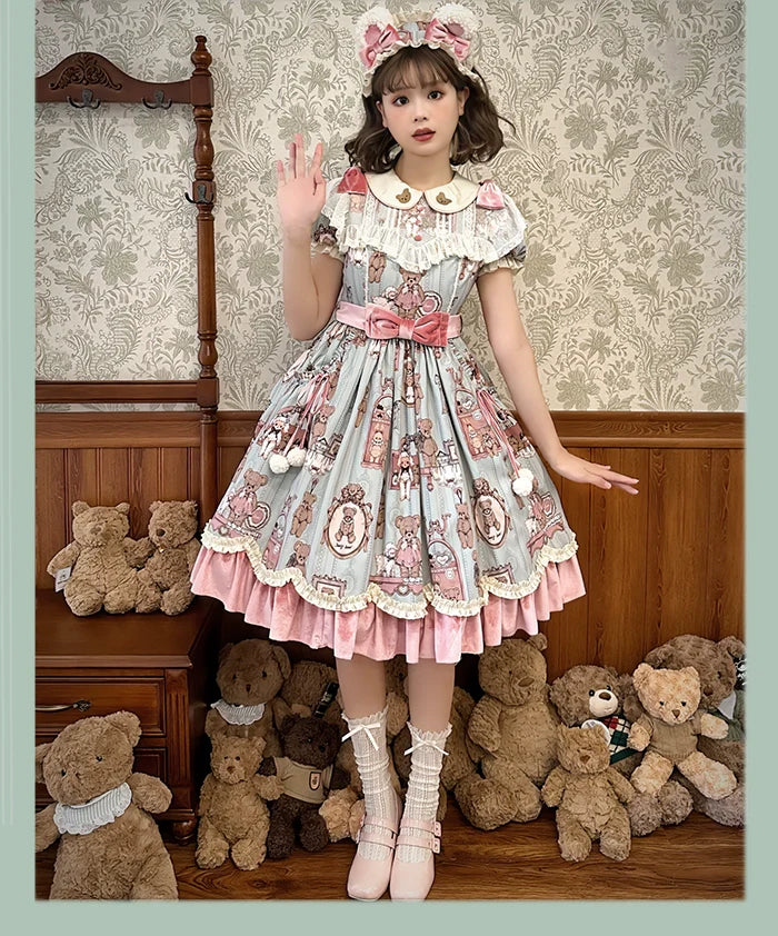 Alice Girl~Bear Doll Wall~Sweet Lolita OP Lovely Bear Print Dress