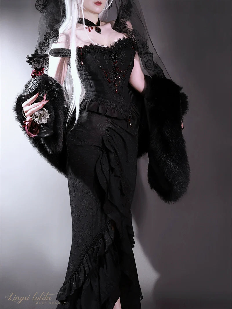 Lingxi Lolita~Lord of the Night~Gothic Lolita Skirt Suit Mermaid Skirt and Fishbone Bodice