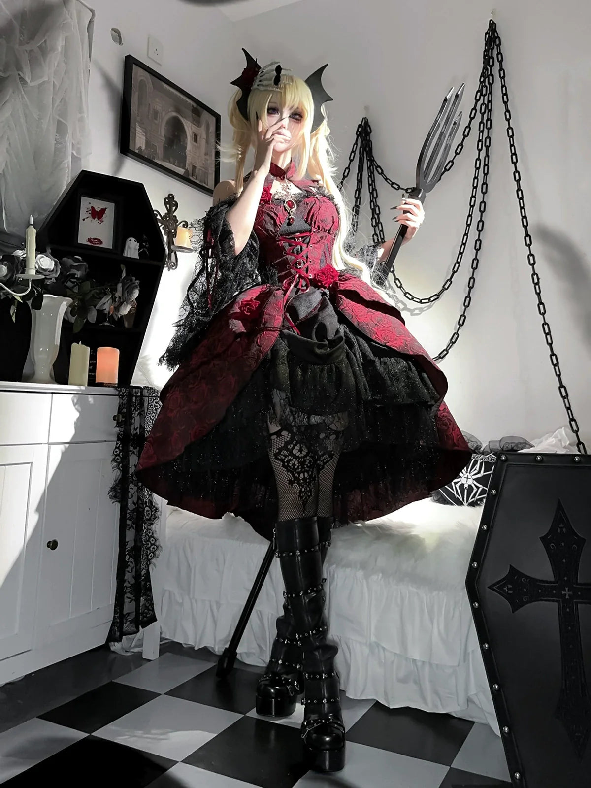 Cornfield Lolita~Rose Blood~Black Red Gothic Lolita JSK Jacquard Court Dress
