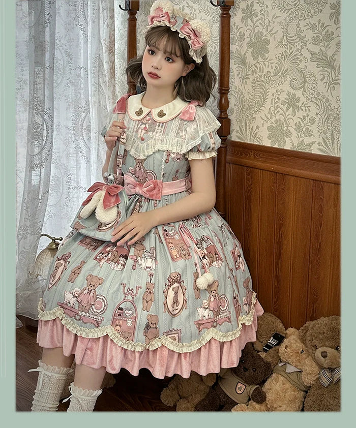Alice Girl~Bear Doll Wall~Sweet Lolita OP Lovely Bear Print Dress
