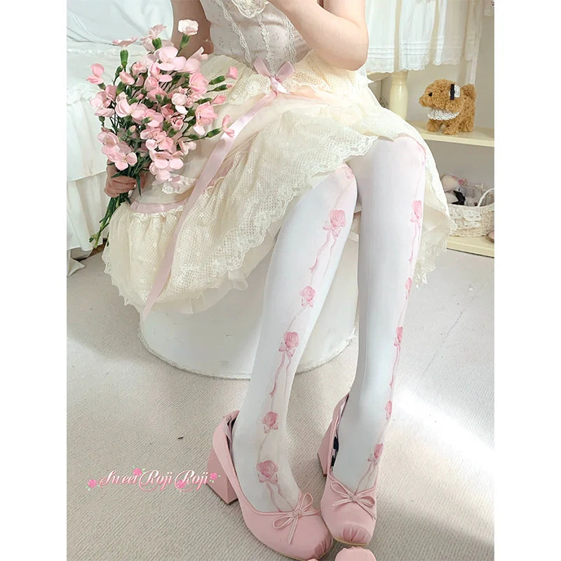 Roji Roji~Sweet Lolita Pantyhose Rose Printed Velvet Thigh Stockings