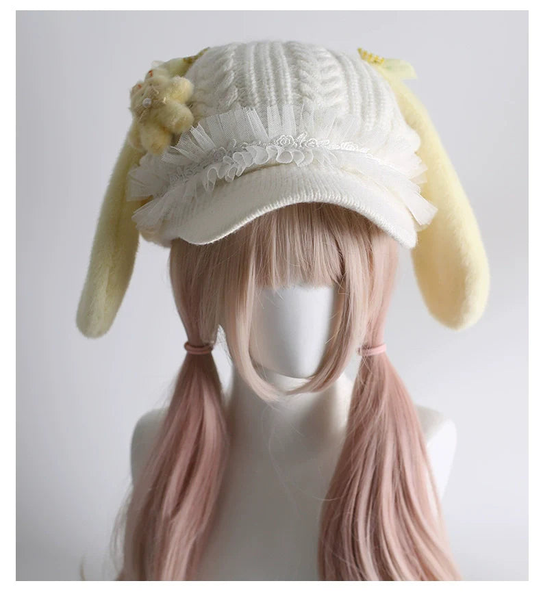 Xiaogui~Kawaii Lolita Baseball Cap Winter Plush Hat with Bunny Ears
