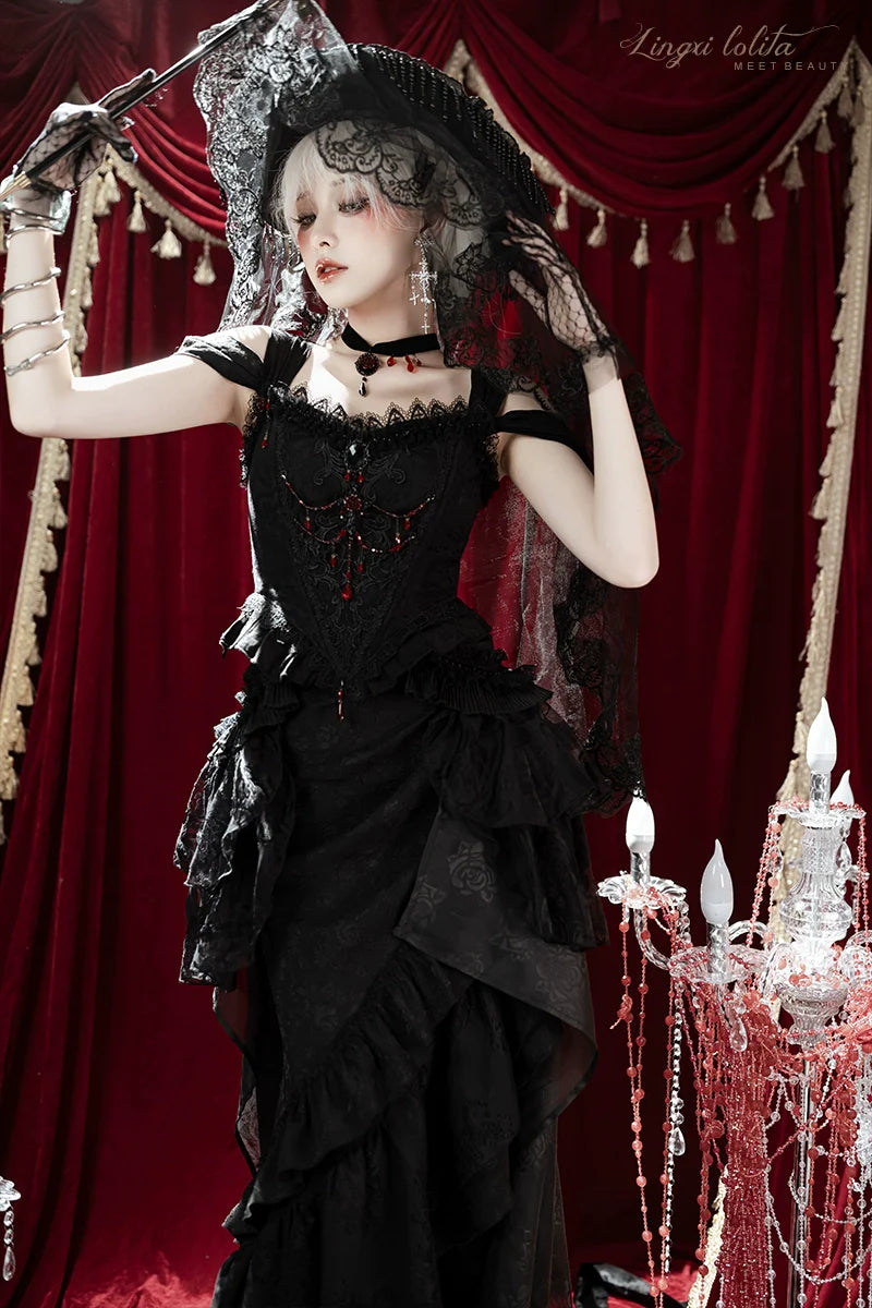 Lingxi Lolita~Lord of the Night~Gothic Lolita Skirt Suit Mermaid Skirt and Fishbone Bodice