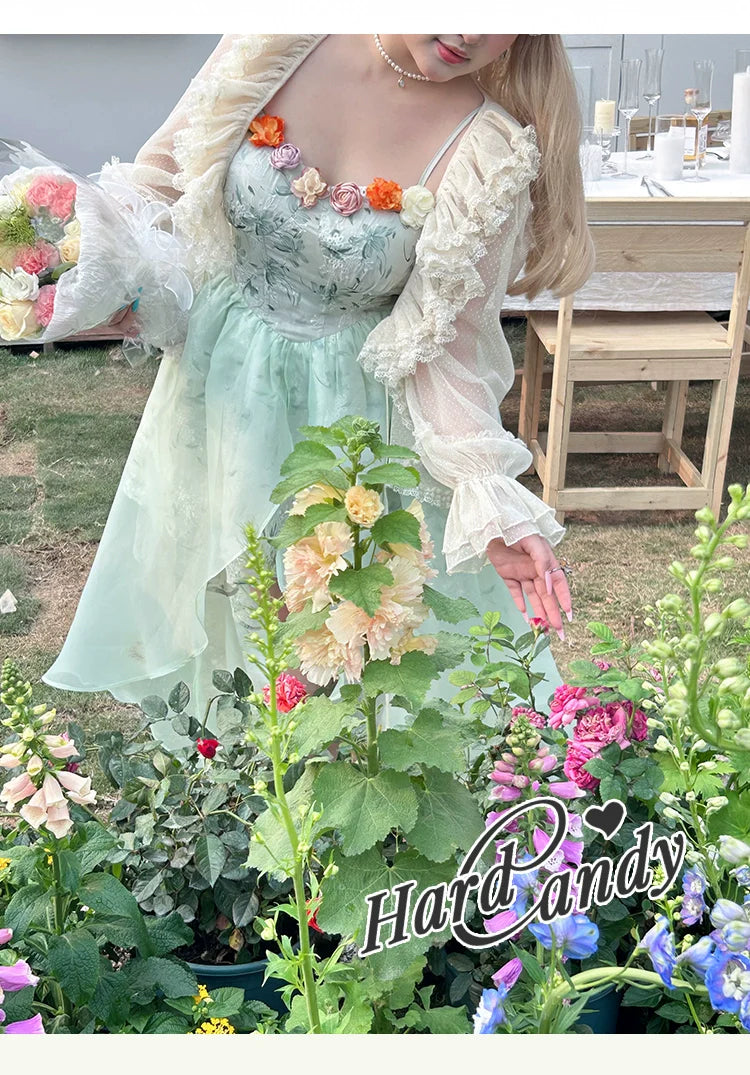 Yingtang~Plus Size Lolita JSK Dress Green Floral Lolita Dress Caidigan Set