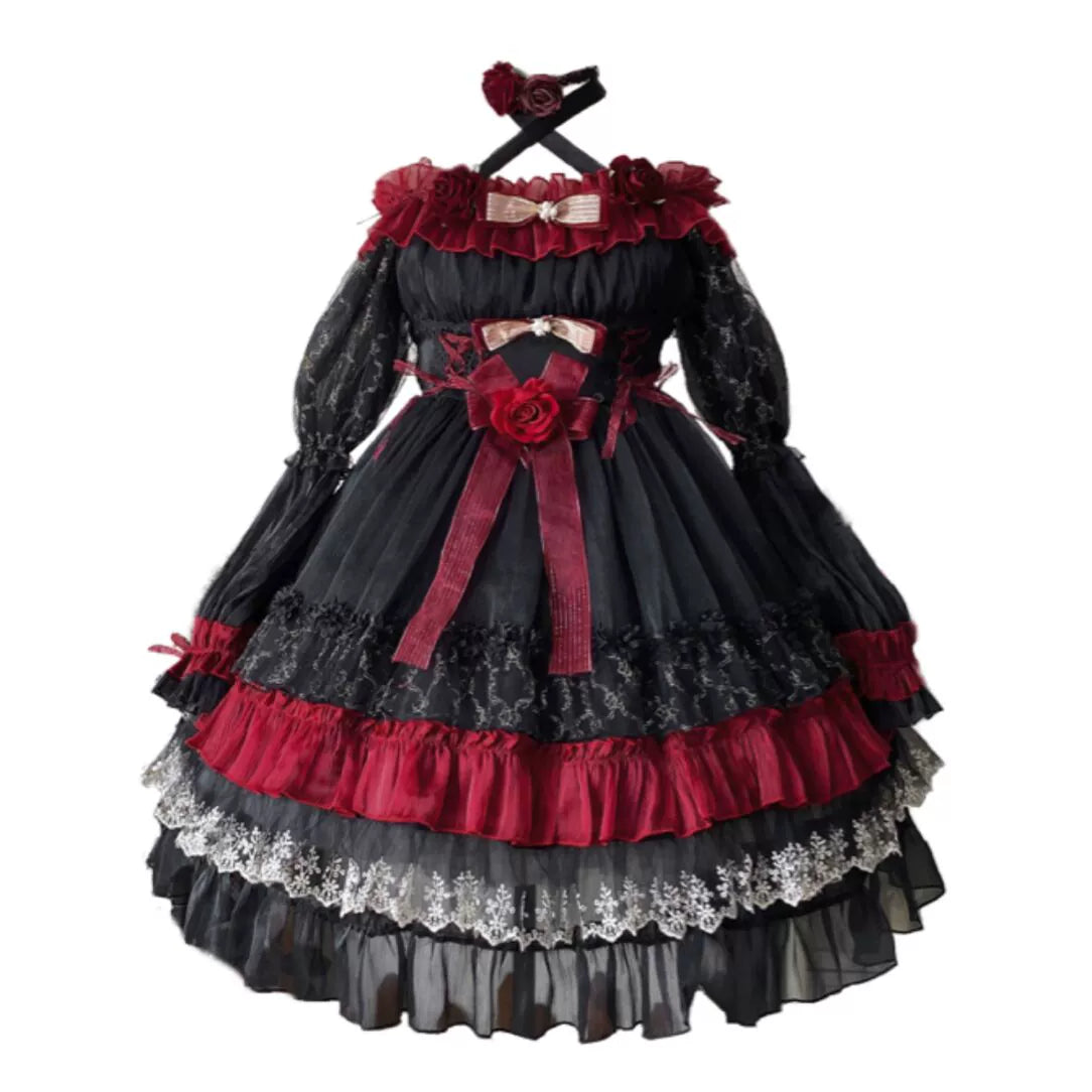 Uncle Wall Original~Night of Berea~Gothic Lolita OP Black and Red Lolita Dress