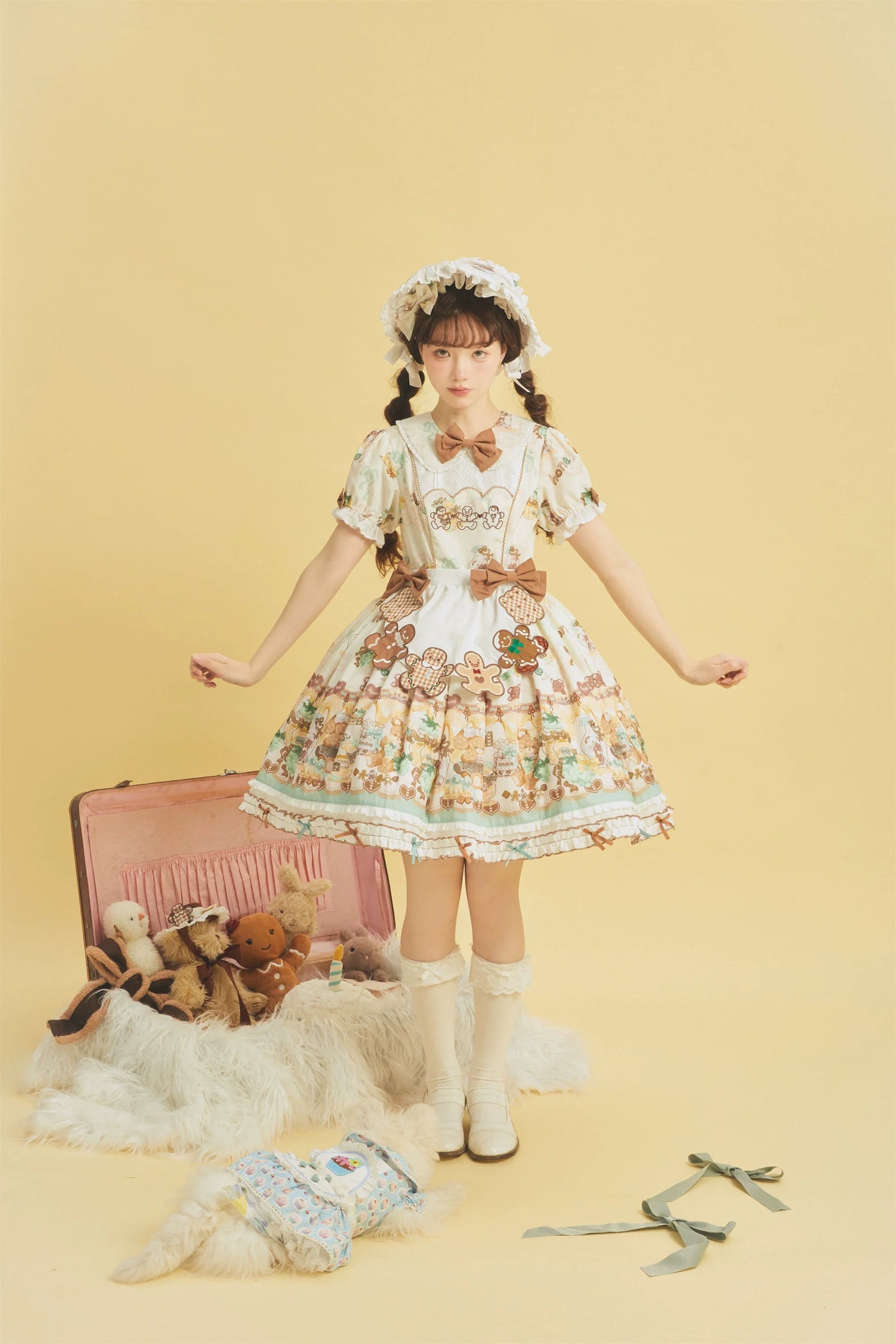 Babyblue~Little Bear Honey Jar~Kawaii Lolita Short Sleeve OP Gingerbread Man Embroidered Dress