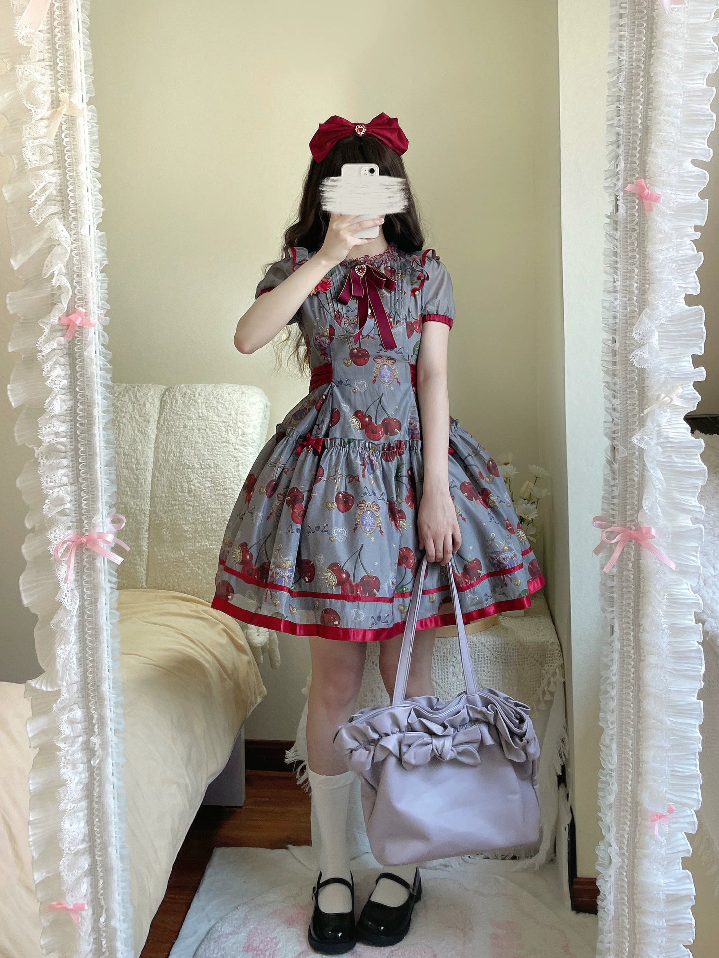 (Buy for me)Gloaming~Sweet Lolita Cherry print Short Sleeve OP and SK Set