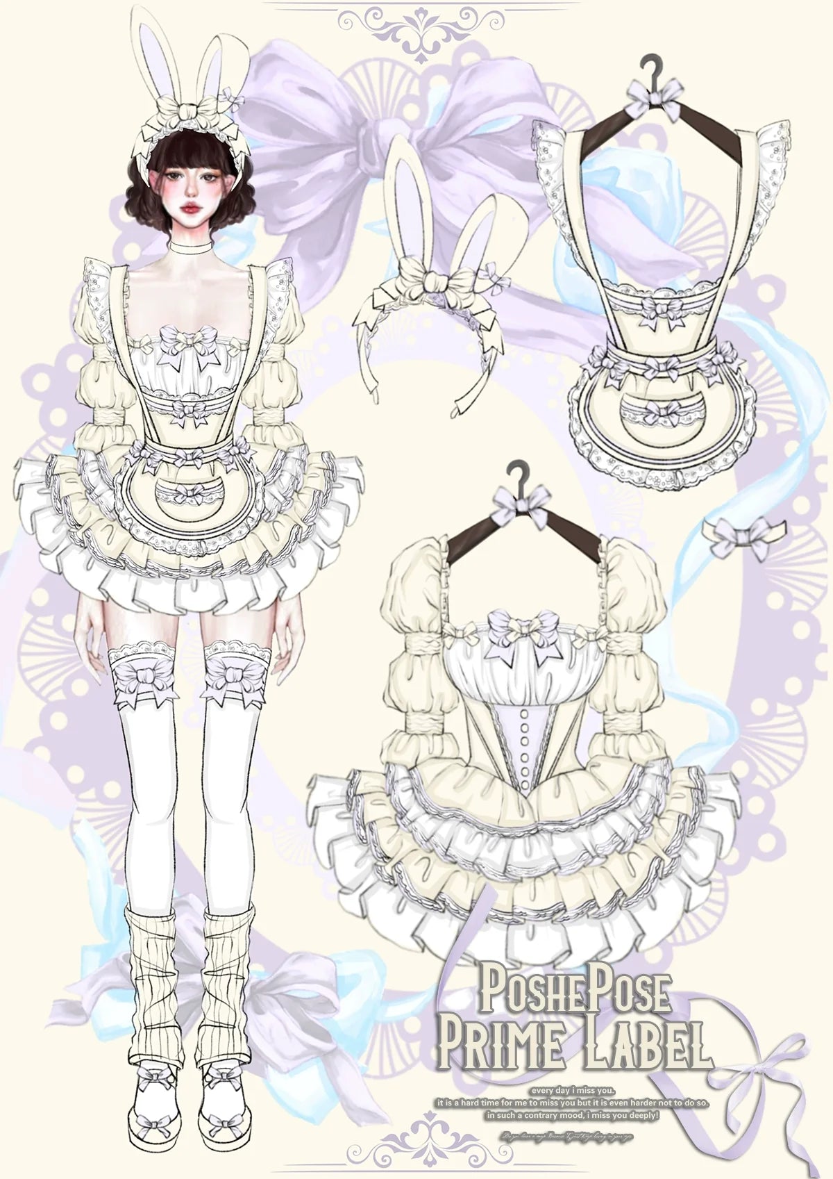 POSHEPOSE~Maid Bunny~Gorgeous Sweet Lolita OP Dress with Detachable Sleeves and Apron