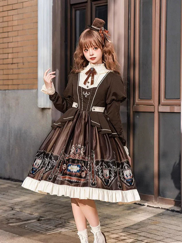 Jinmu~Chocolate Academy~Vintage Lolita OP Long Puff Sleeve Schoolgirl Lolita Dress