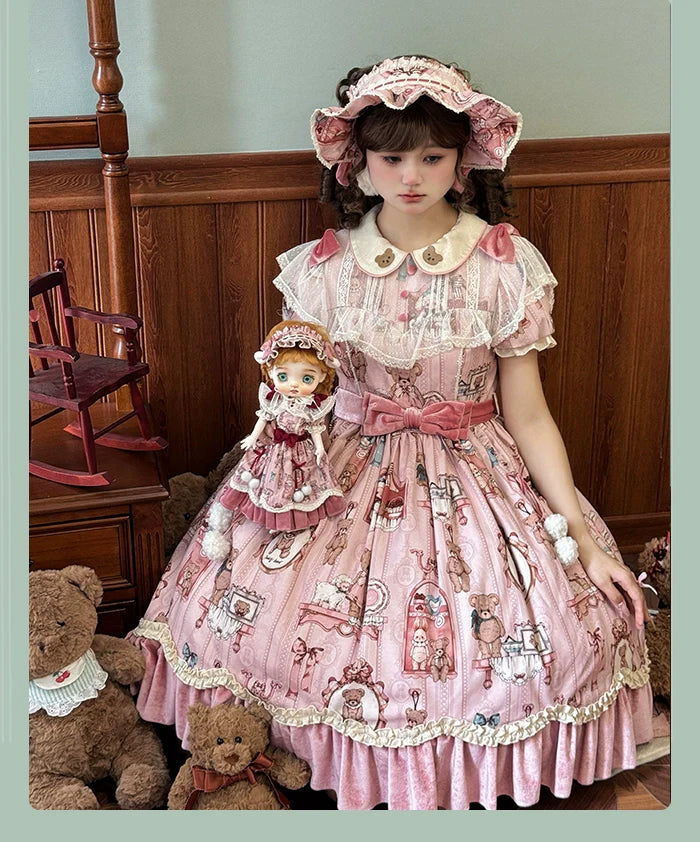 Alice Girl~Bear Doll Wall~Sweet Lolita OP Lovely Bear Print Dress