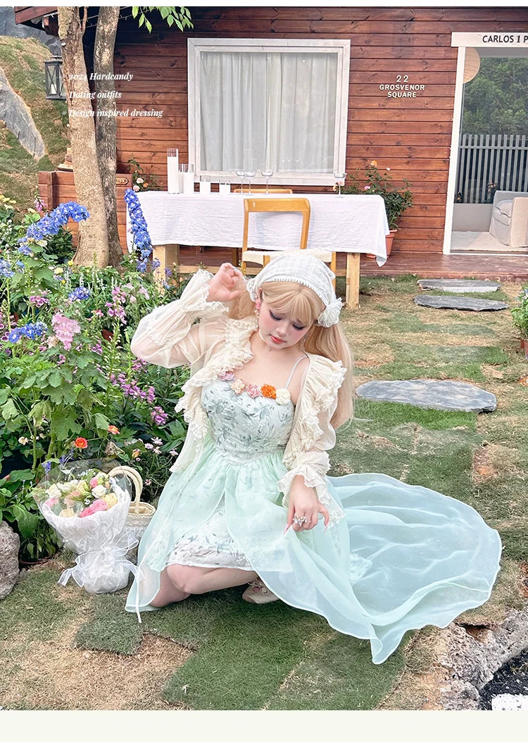 Yingtang~Plus Size Lolita JSK Dress Green Floral Lolita Dress Caidigan Set