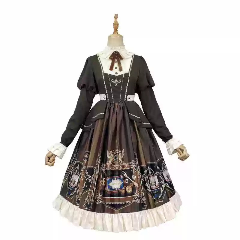 Jinmu~Chocolate Academy~Vintage Lolita OP Long Puff Sleeve Schoolgirl Lolita Dress