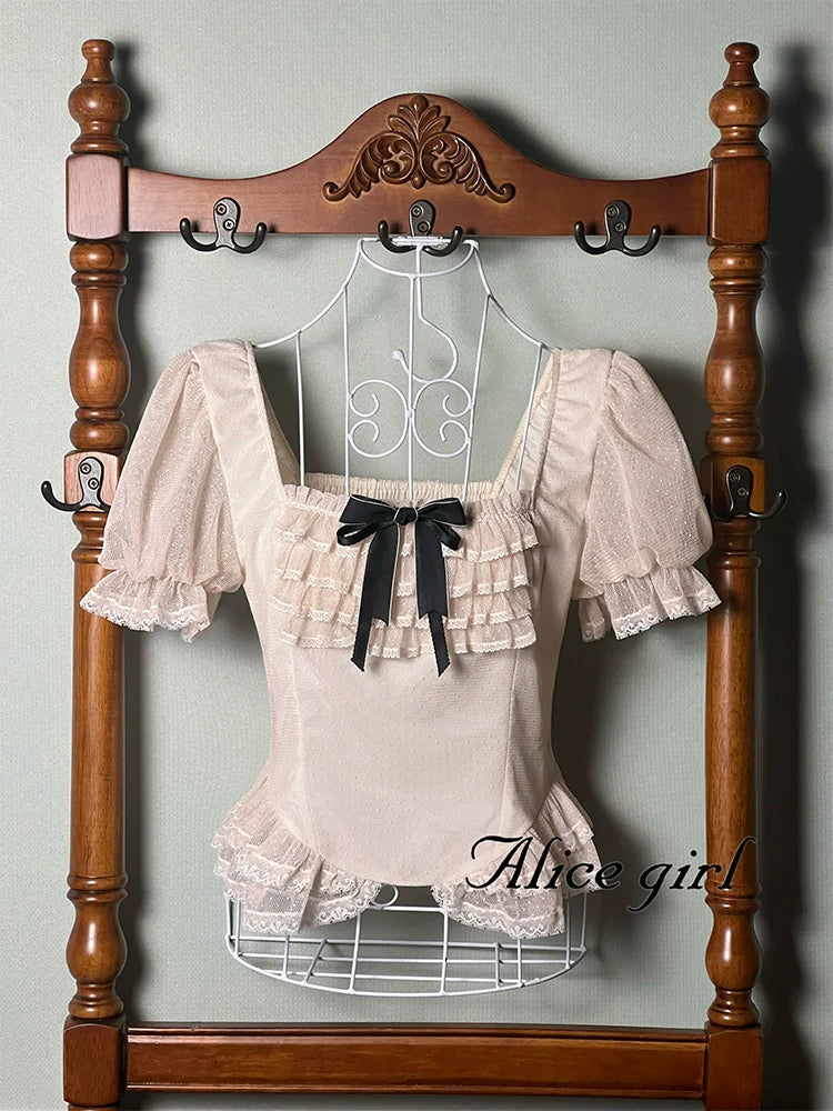 Alice girl~Yesterday Morning Mist~Classic Lolita Shirt Polka Dots Tulle Short Sleeve Blouse