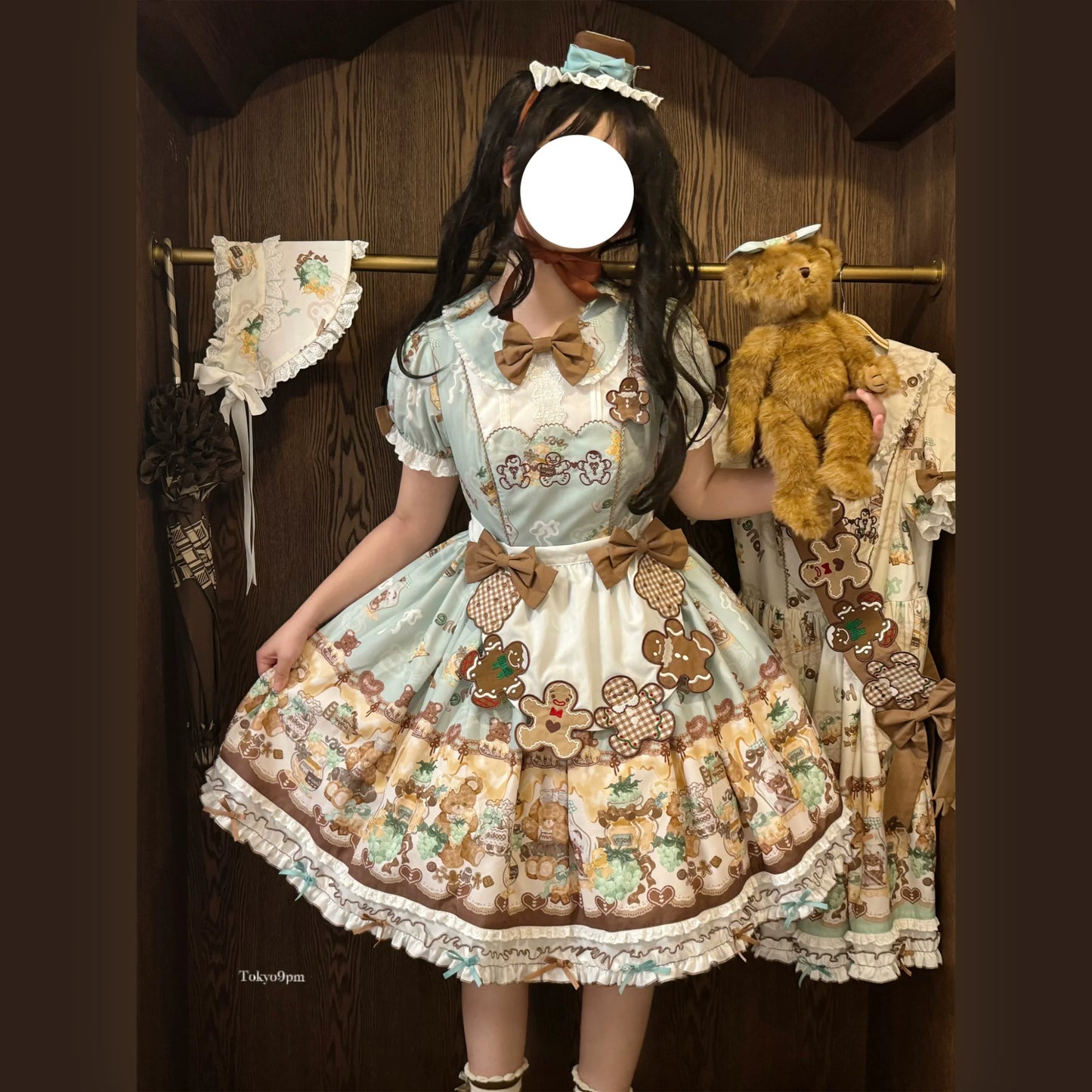 Babyblue~Little Bear Honey Jar~Kawaii Lolita Short Sleeve OP Gingerbread Man Embroidered Dress