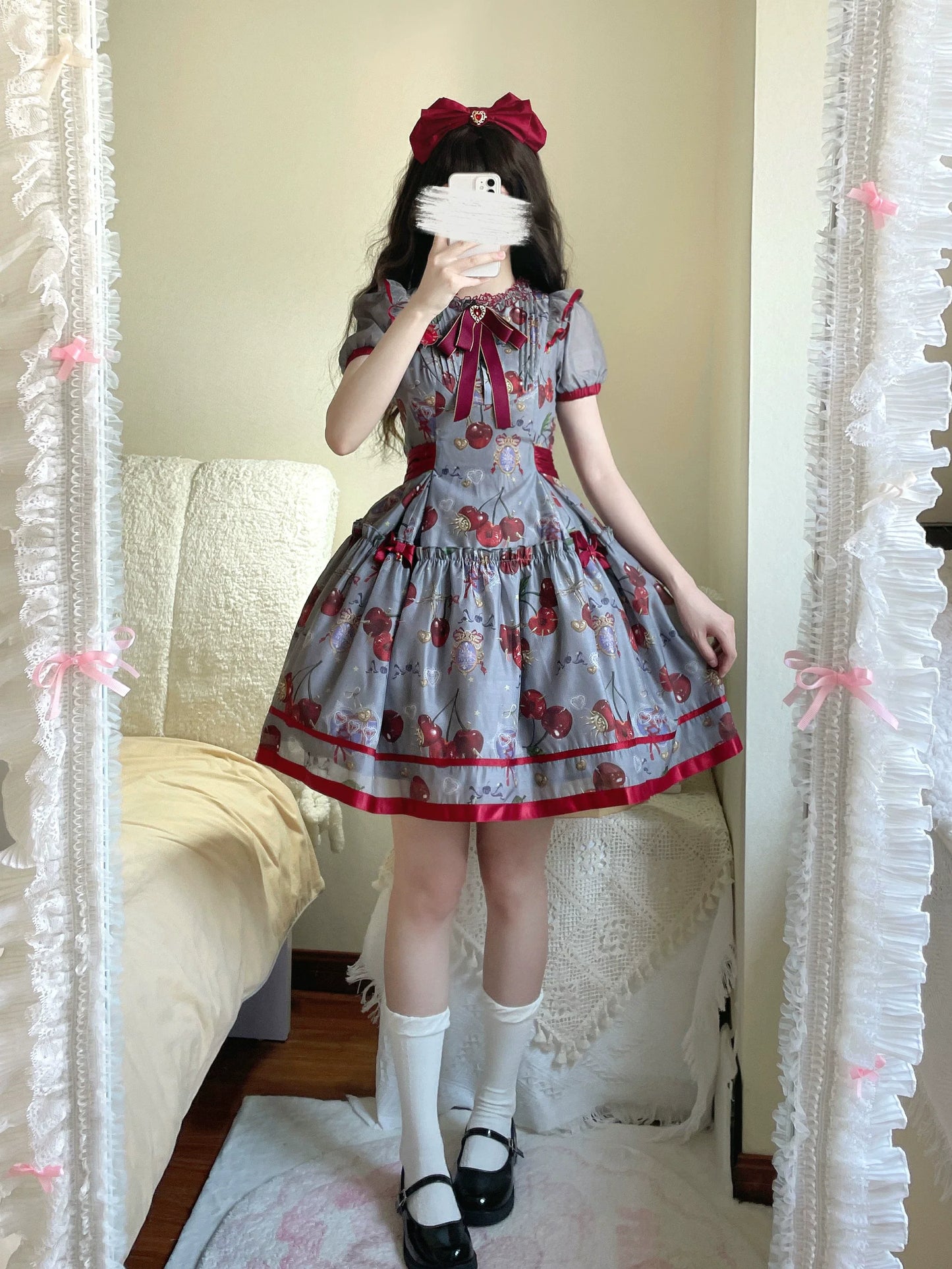(Buy for me)Gloaming~Sweet Lolita Cherry print Short Sleeve OP and SK Set