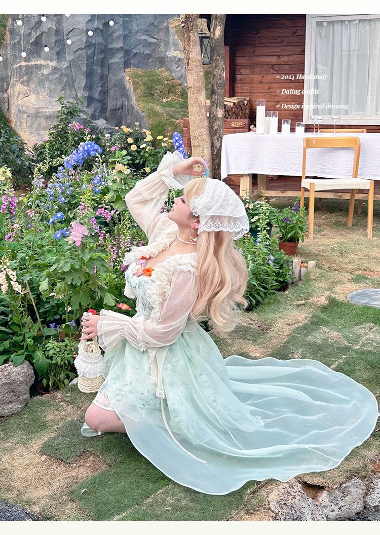 Yingtang~Plus Size Lolita JSK Dress Green Floral Lolita Dress Caidigan Set