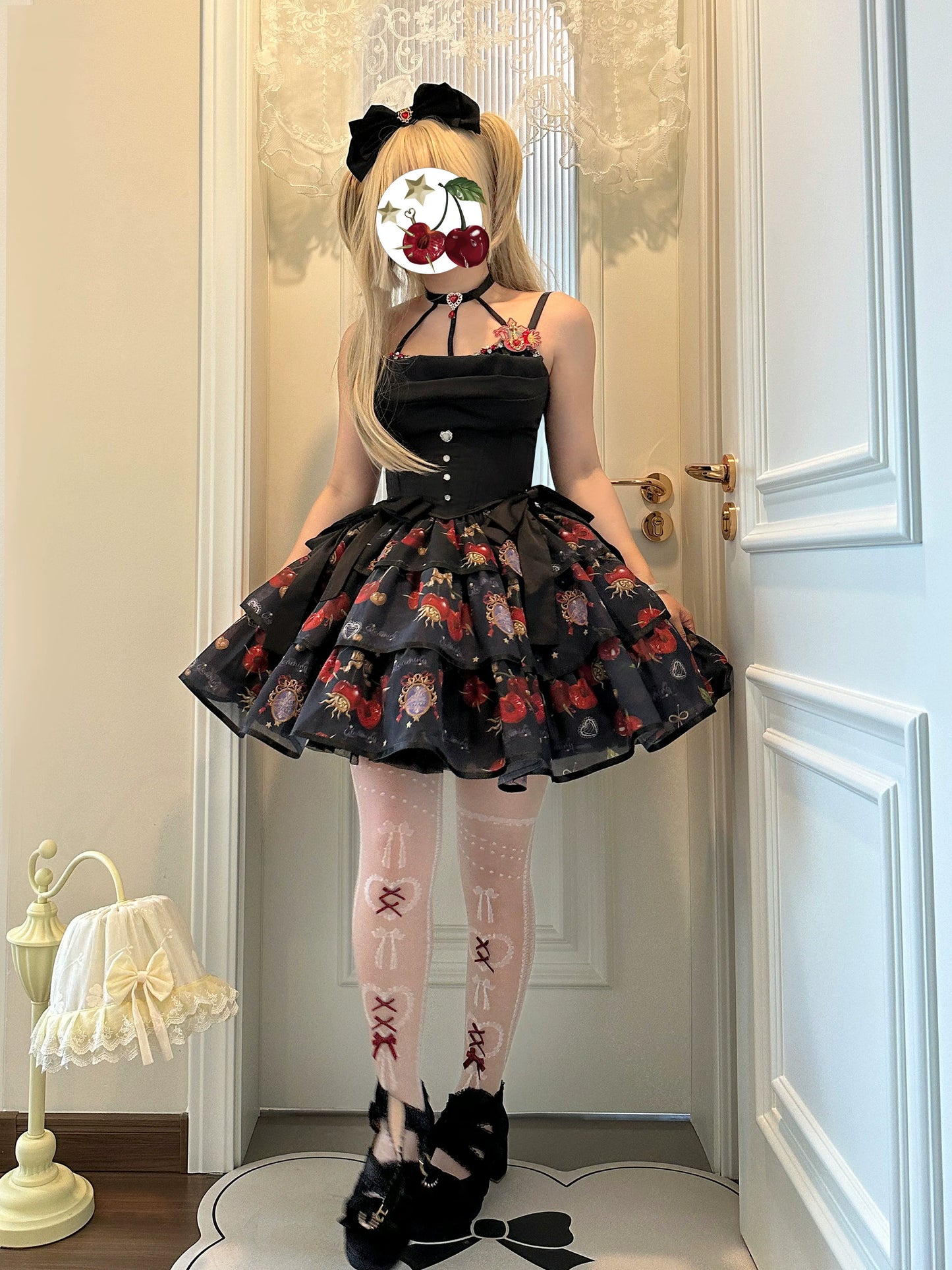 (Buy for me)Gloaming~Sweet Lolita Cherry print Short Sleeve OP and SK Set