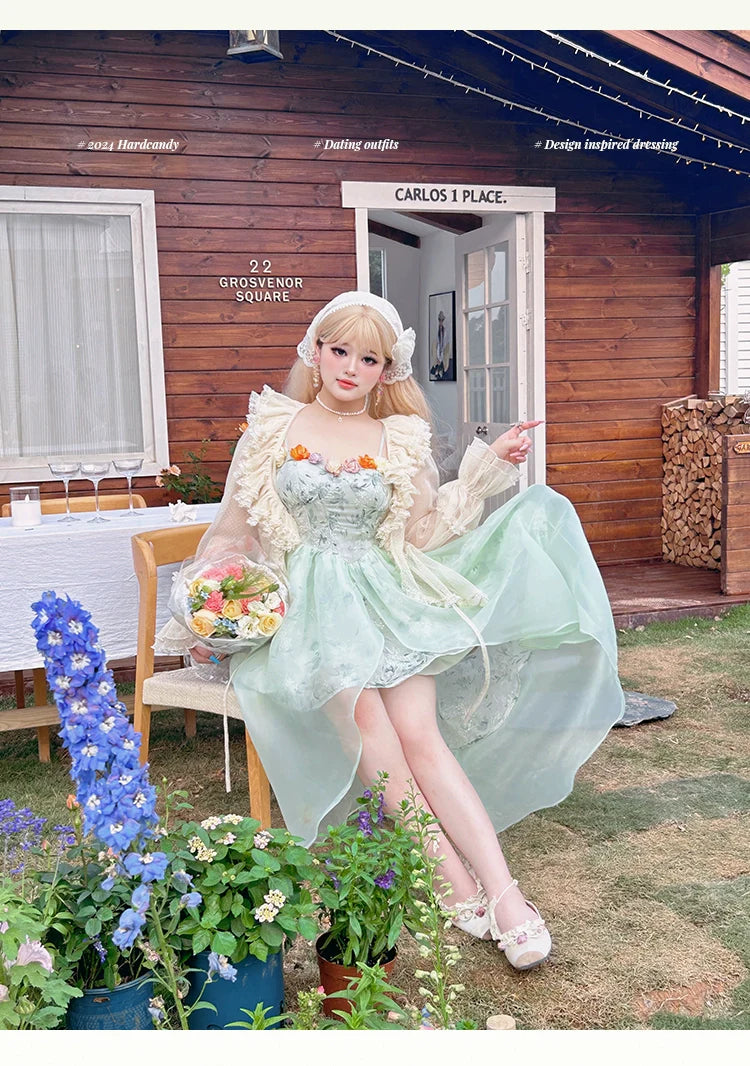 Yingtang~Plus Size Lolita JSK Dress Green Floral Lolita Dress Caidigan Set