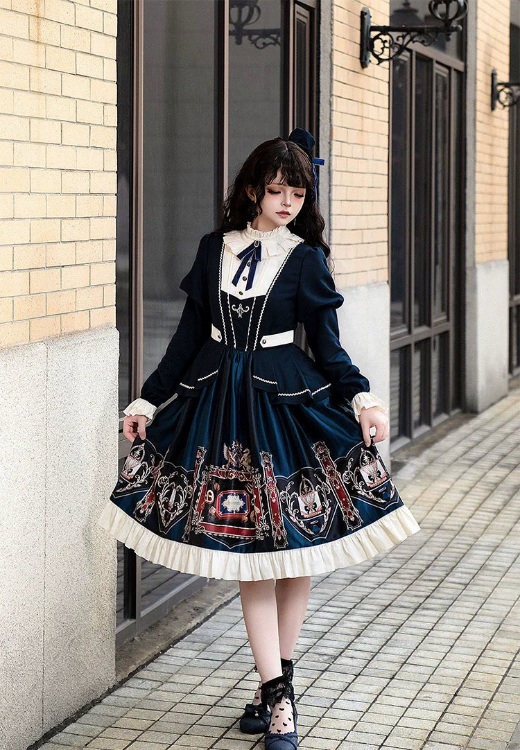 Jinmu~Chocolate Academy~Vintage Lolita OP Long Puff Sleeve Schoolgirl Lolita Dress