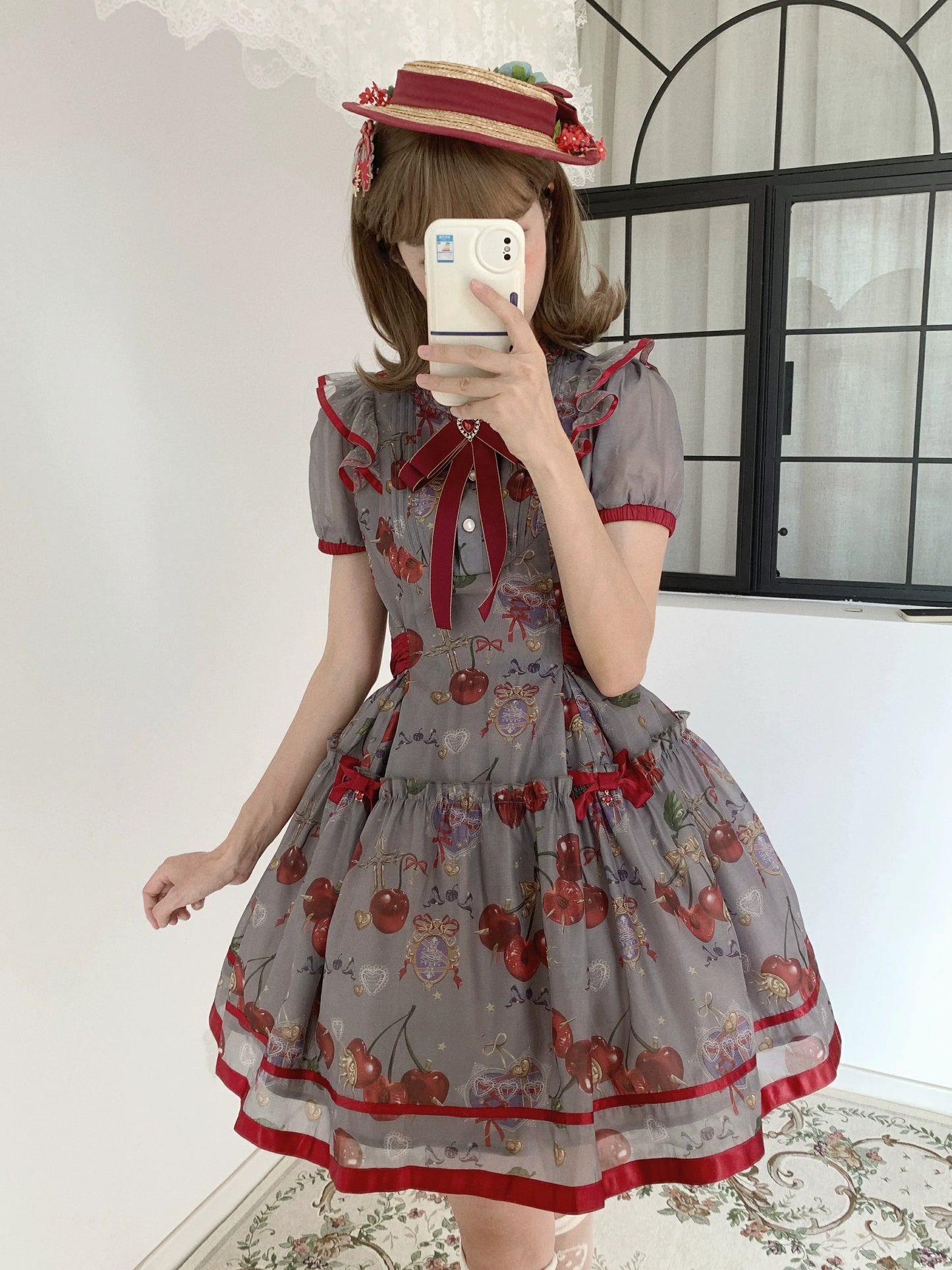 (Buy for me)Gloaming~Sweet Lolita Cherry print Short Sleeve OP and SK Set
