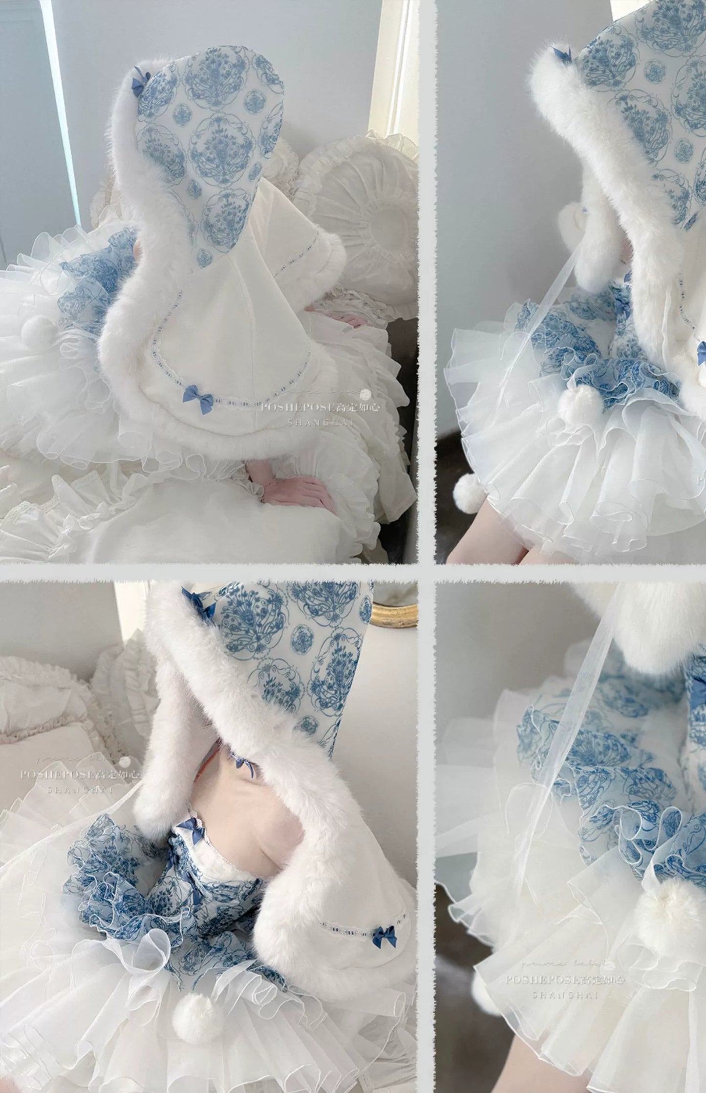 POSHEPOSE~Blue and White Porcelain~Princess Lolita JSK Dress Plush Cape