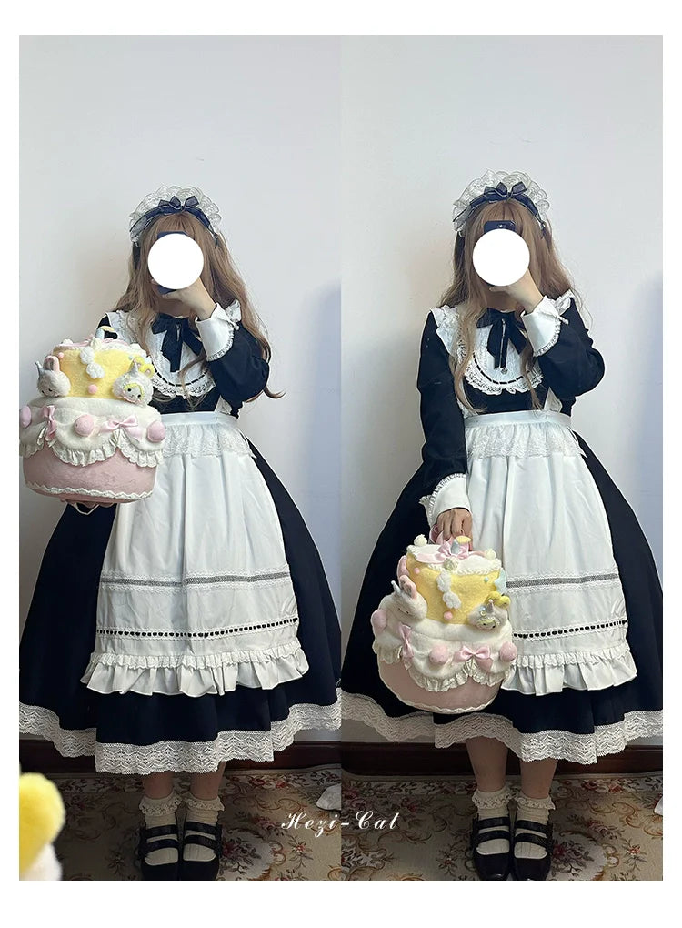 Hezi's Cat Haven~Black Cat Butler~Maid Lolita OP Dress Elegant Black and White Dress