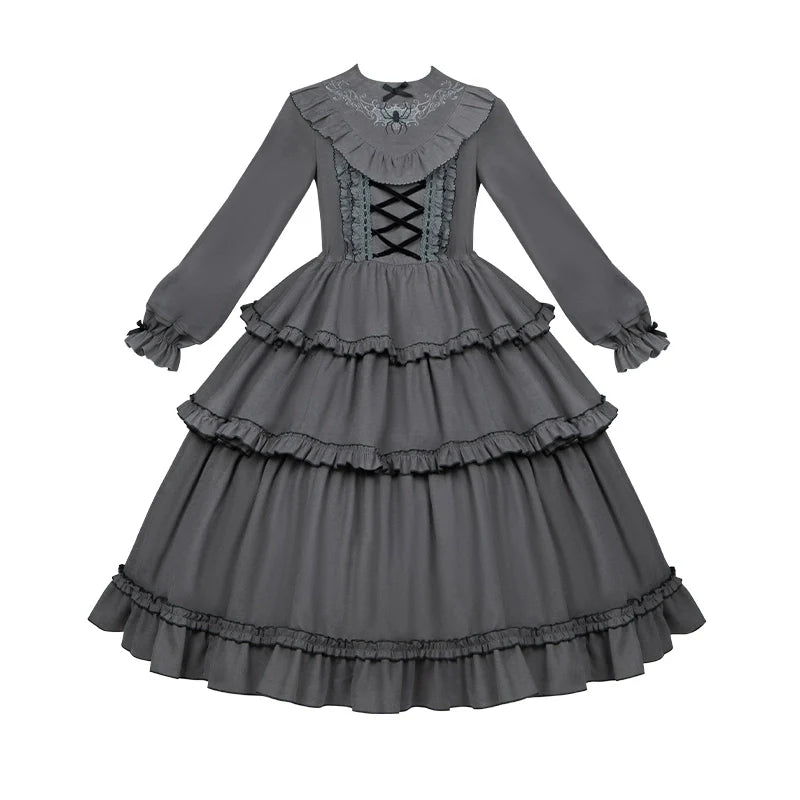 With PUJI~Castle Night~Gothic Twins Lolita OP Three-tiered Embroidery Dress